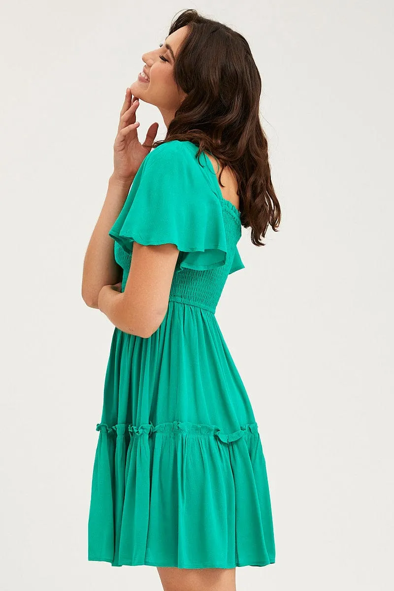 Green Skater Dress Short Sleeve Mini Flexible Waistband
