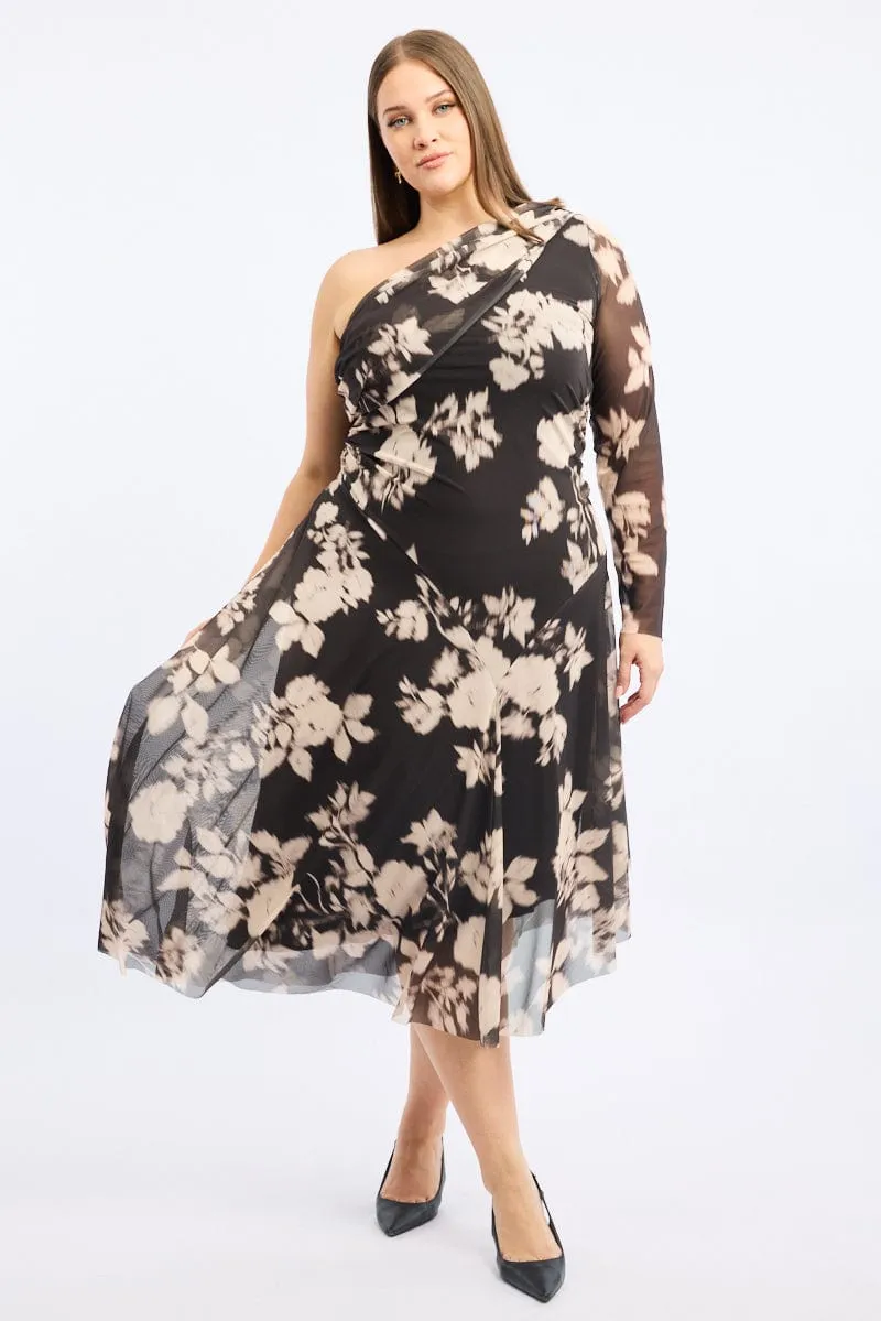 Soft draping fabric dress Flattering dress for all body shapes Black Floral Midi Dress One Shoulder Mesh