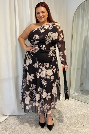 Flattering Outfit Wardrobe Staple Black Floral Midi Dress One Shoulder Mesh