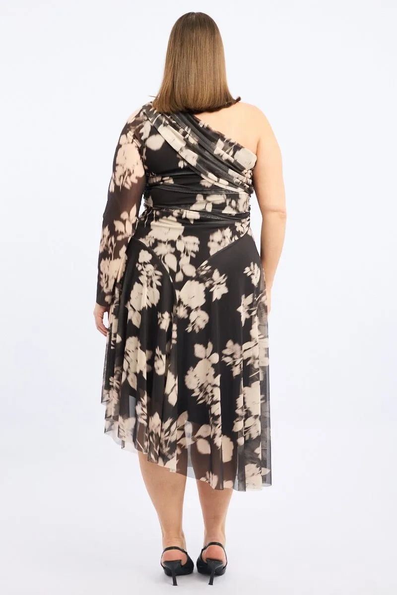 Bazaar Lane Morning Stroll Black Floral Midi Dress One Shoulder Mesh