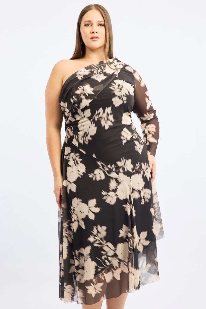 Black Floral Midi Dress One Shoulder Mesh Artistic Vibe Work Attire