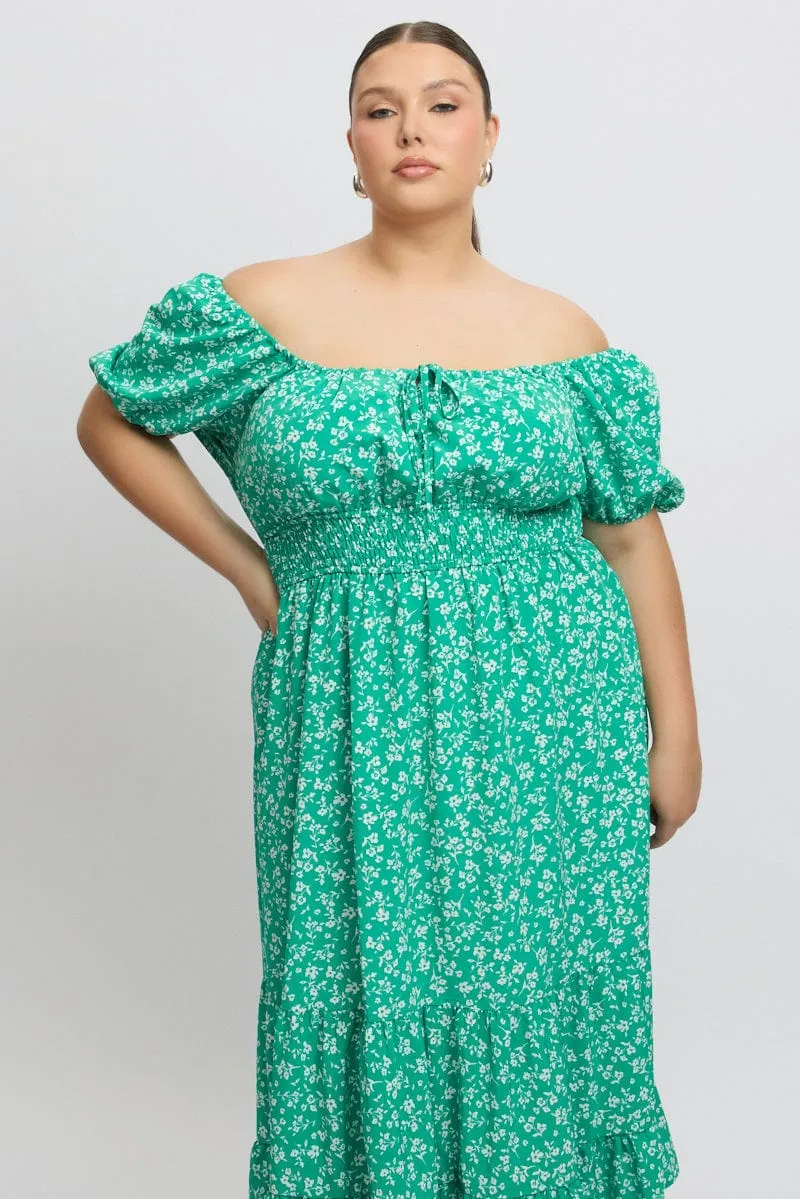 Seasonal Essentials Green Ditsy Midi Dress Short Sleeve Ruched Bust