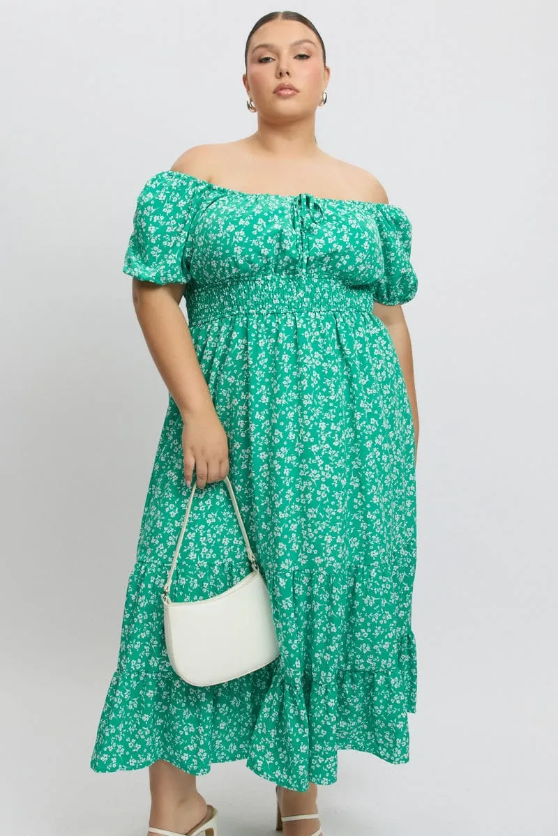 Green Ditsy Midi Dress Short Sleeve Ruched Bust Day-to-night versatile dress Comfortable chic
