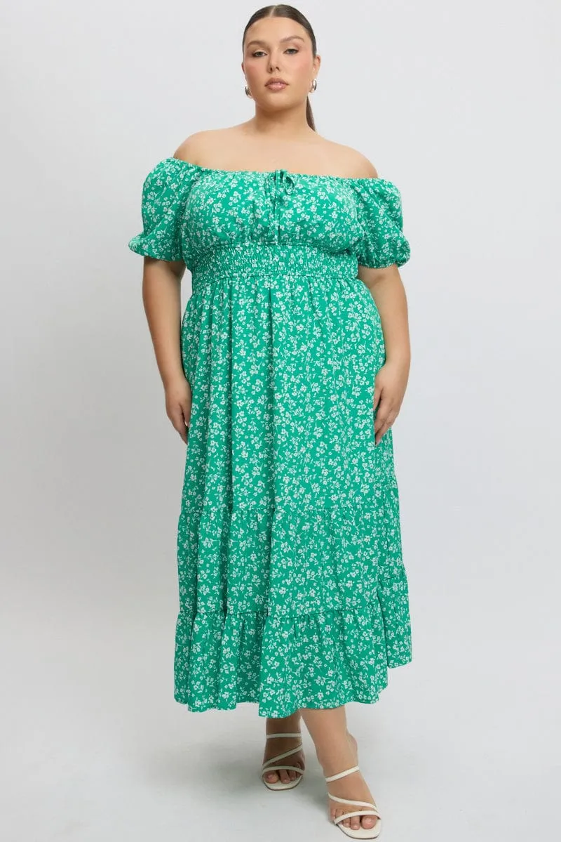 Chic Comfort Trendy Fit Green Ditsy Midi Dress Short Sleeve Ruched Bust