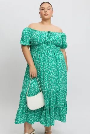 Green Ditsy Midi Dress Short Sleeve Ruched Bust Day-to-night versatile dress Comfortable chic