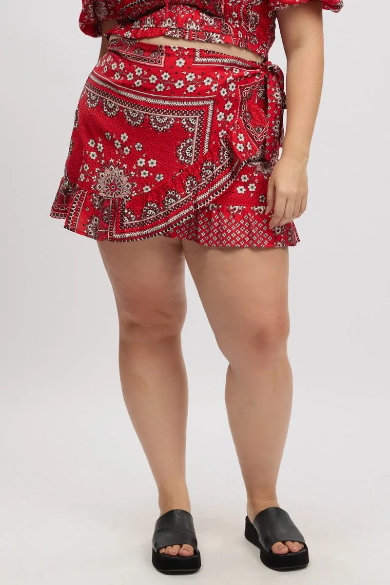 Casual Moments Foil Print Red Boho Frill Wrap Mini Skirt