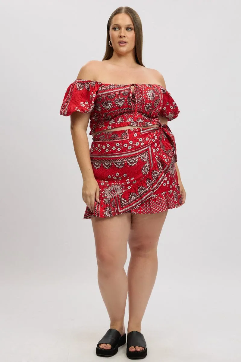 Red Boho Frill Wrap Mini Skirt Fresh Detail
