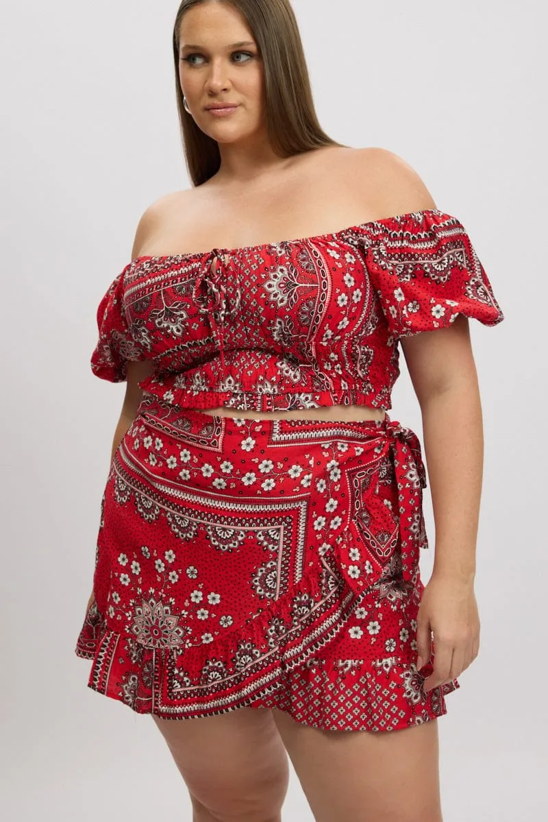 Red Boho Frill Wrap Mini Skirt Organic Cotton Airy Comfort