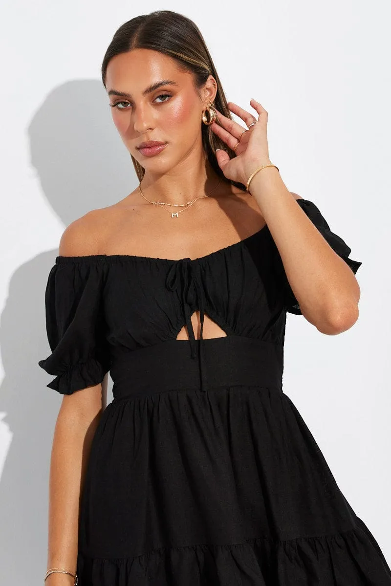 Relaxed Fit Black Fit and Flare Dress Short Sleeve Linen Blend