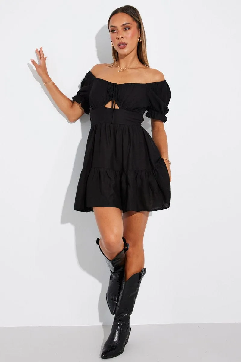 Black Fit and Flare Dress Short Sleeve Linen Blend Photo Fit Modern Boots