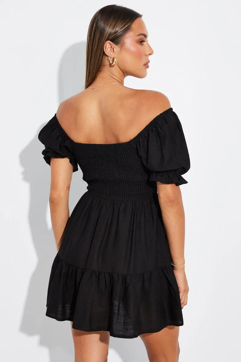 Elite Core NoSlipTrims Black Fit and Flare Dress Short Sleeve Linen Blend