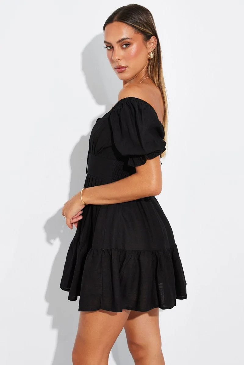 Black Fit and Flare Dress Short Sleeve Linen Blend AntiPillingFabric