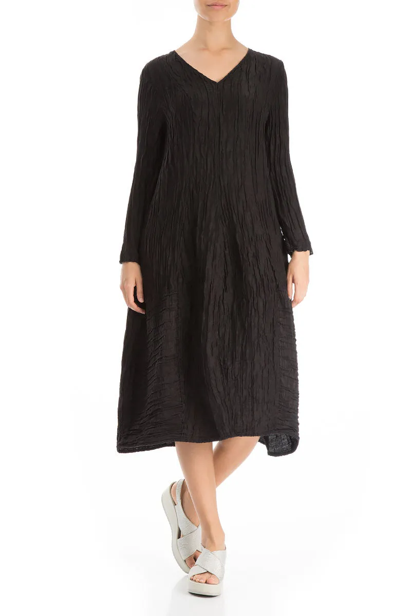 Cold Weather Wear Rush Mode Long Sleeves V-neck Crinkled Black Silk Dress