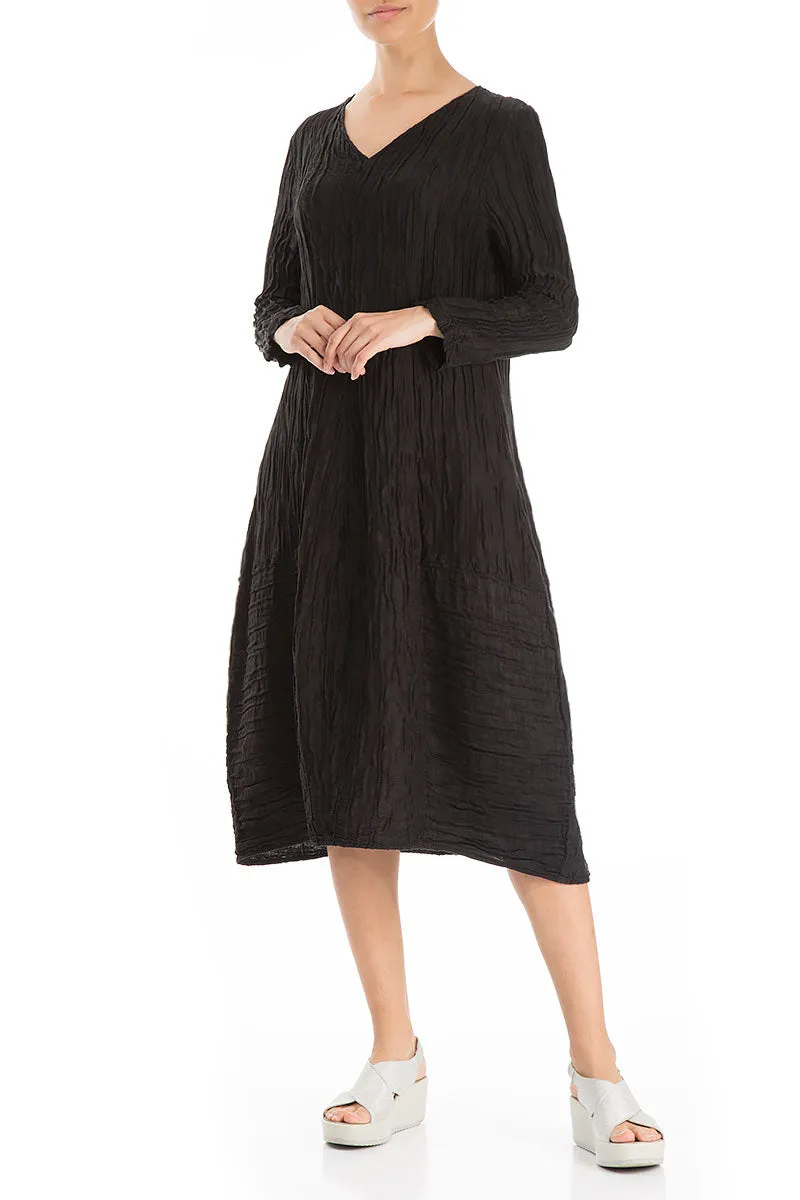 PreShrunk Cotton Long Sleeves V-neck Crinkled Black Silk Dress