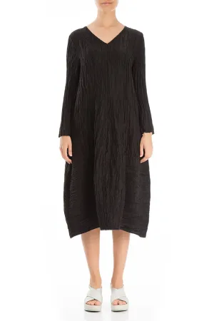 Practical Jacket London Edge Long Sleeves V-neck Crinkled Black Silk Dress