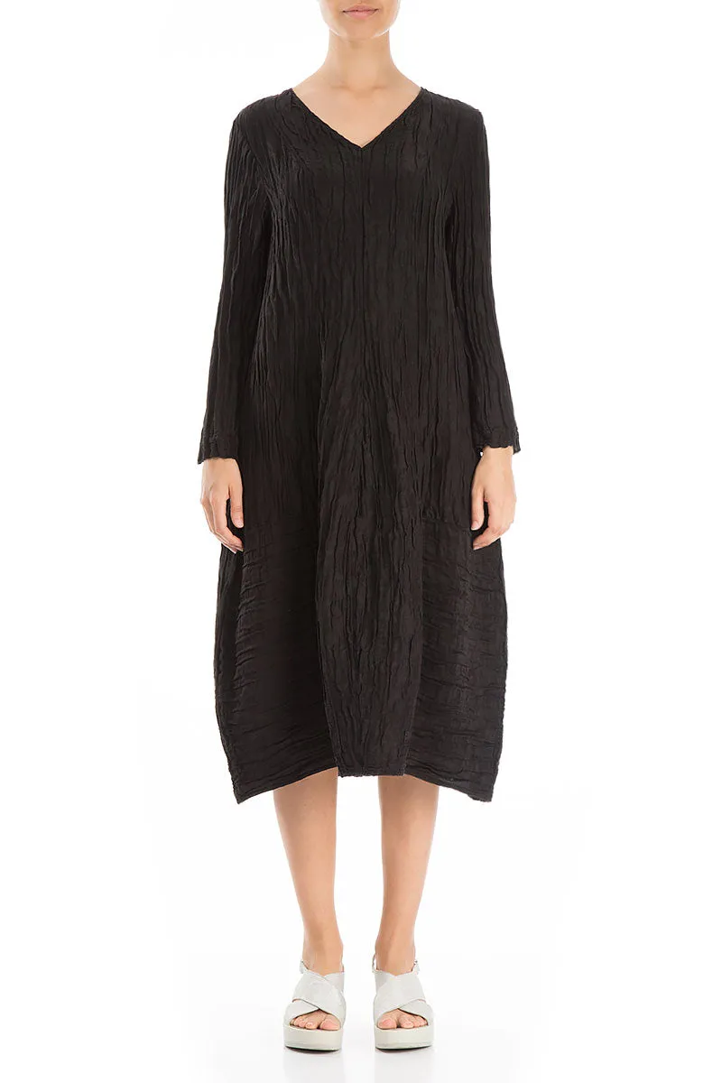 Practical Jacket London Edge Long Sleeves V-neck Crinkled Black Silk Dress