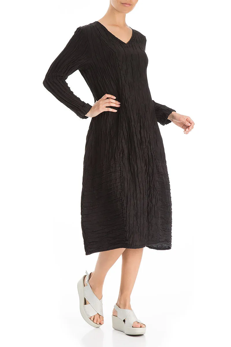 Long Sleeves V-neck Crinkled Black Silk Dress Muse Edge