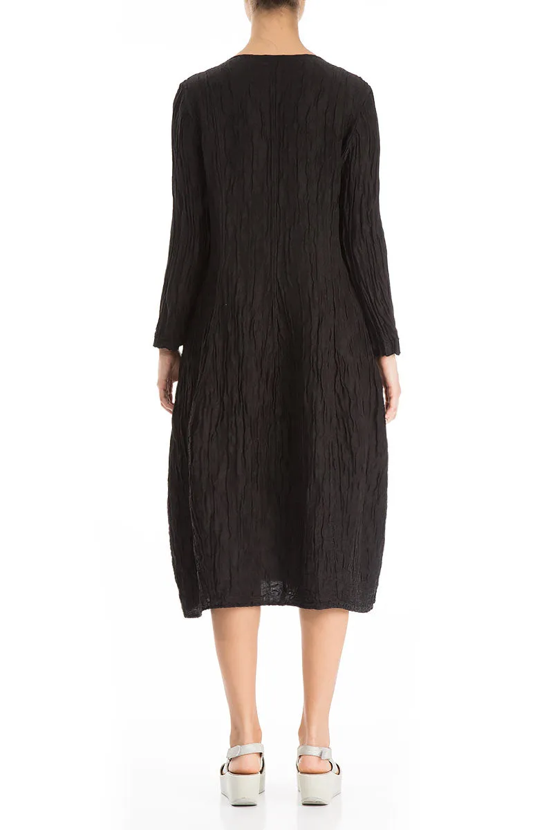 Long Sleeves V-neck Crinkled Black Silk Dress Breathable knit
