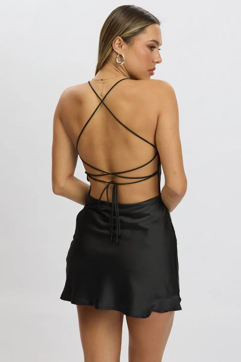 Black Mini Dress Cowl Neck Backless Satin Bohemian Chic Lightweight party mini
