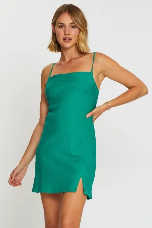 Green A Line Dress Mini Linen Youthful Look