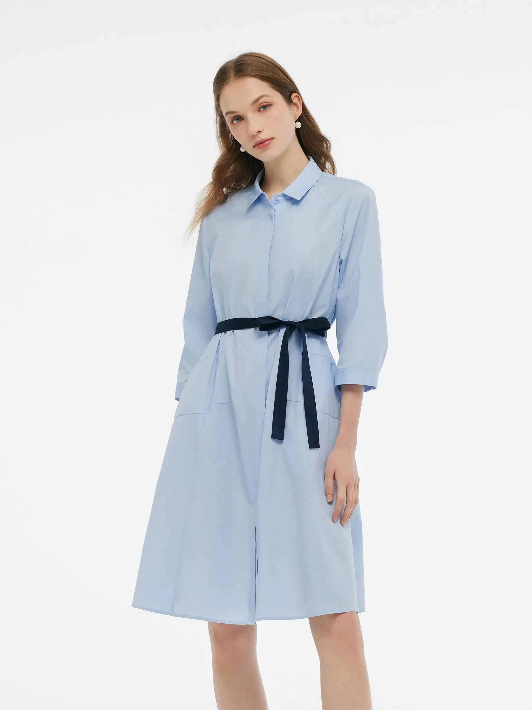 Day-to-night midi gown A-Line Button Up Women 3/4 Sleeve Shirt Midi Dress With Ribbon