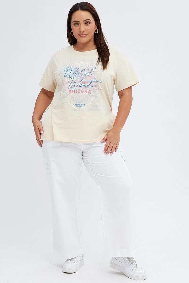 Beige Graphic T-shirt Wild West Print Longline Soft Wearable