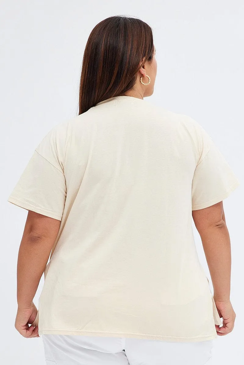 Polka Dot Pattern Sporty Style Beige Graphic T-shirt Wild West Print Longline