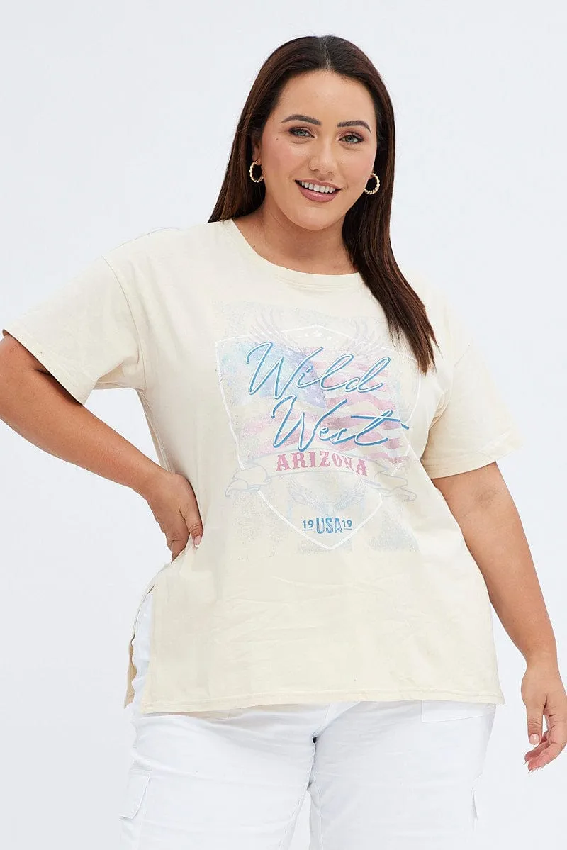 Wrinkle Resistant Beige Graphic T-shirt Wild West Print Longline