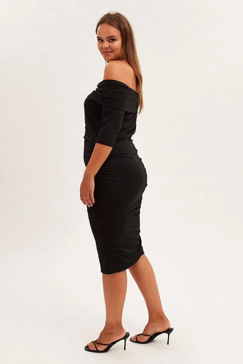 Black Midi Dress Off Shoulder Bodycon Jersey Summer Picnic Comfortable casual midi