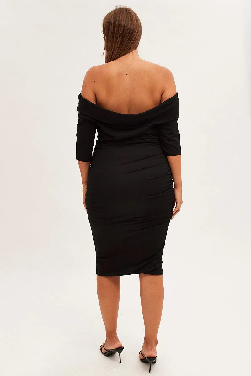 Black Midi Dress Off Shoulder Bodycon Jersey Trendy Fashion Morning Stroll
