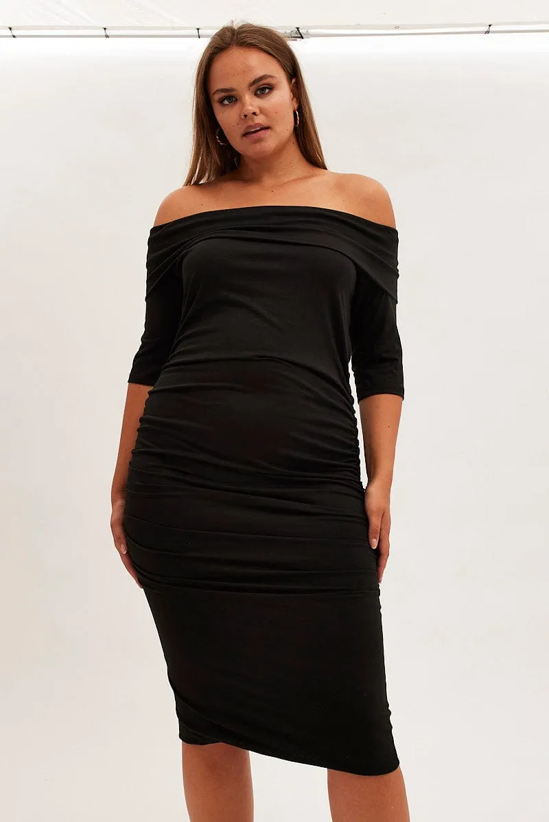 Comfortable chic Modern Feminine Black Midi Dress Off Shoulder Bodycon Jersey