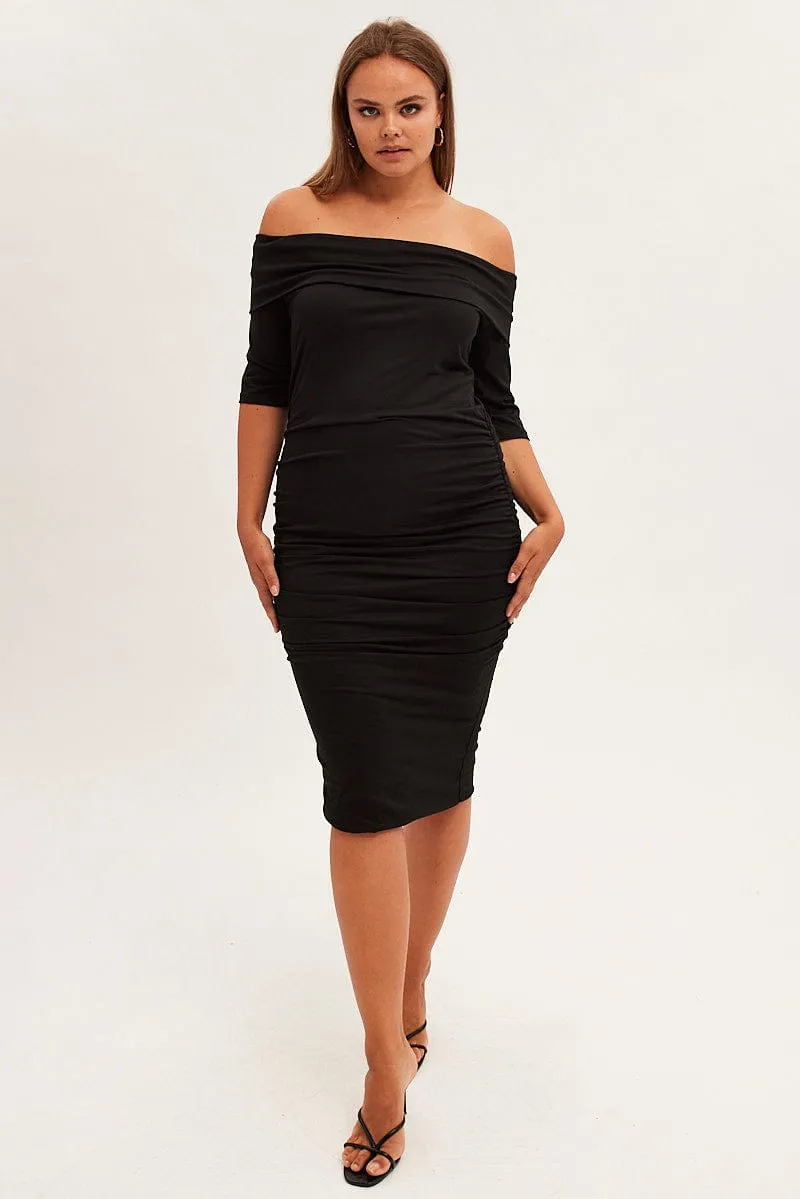 Black Midi Dress Off Shoulder Bodycon Jersey Summer Picnic