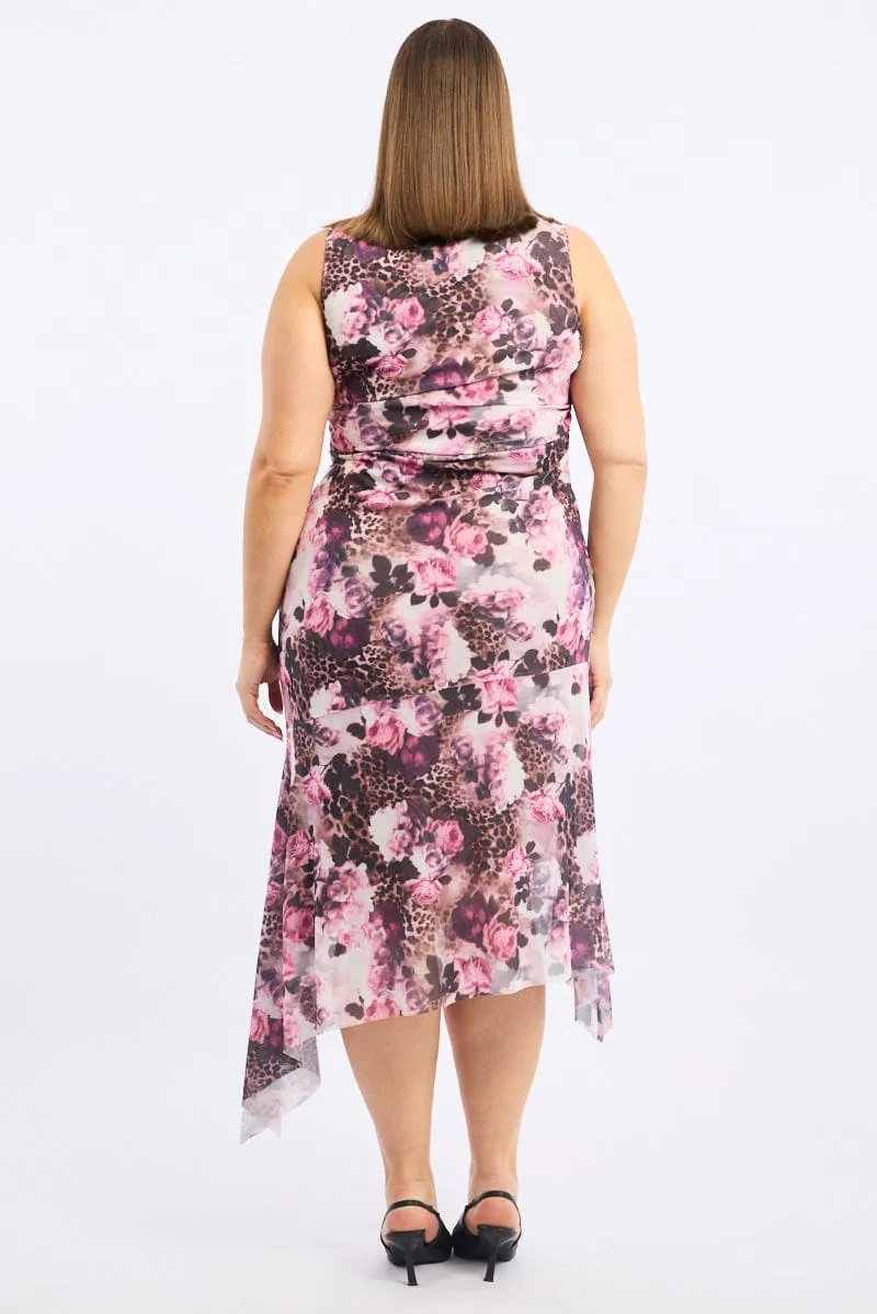 On The Go Brown Animal Print Midi Dress Sleeveless Mesh Hanky Hem