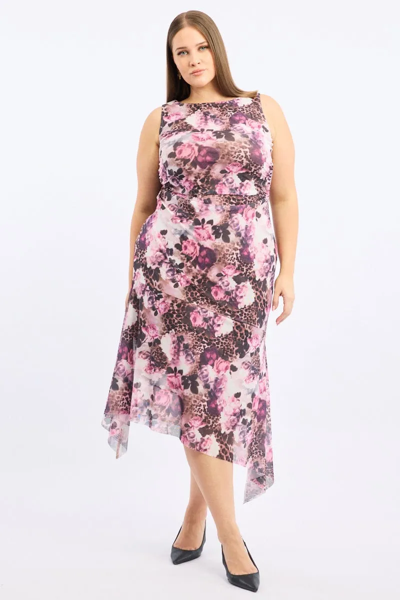 Brown Animal Print Midi Dress Sleeveless Mesh Hanky Hem Film Night pack light