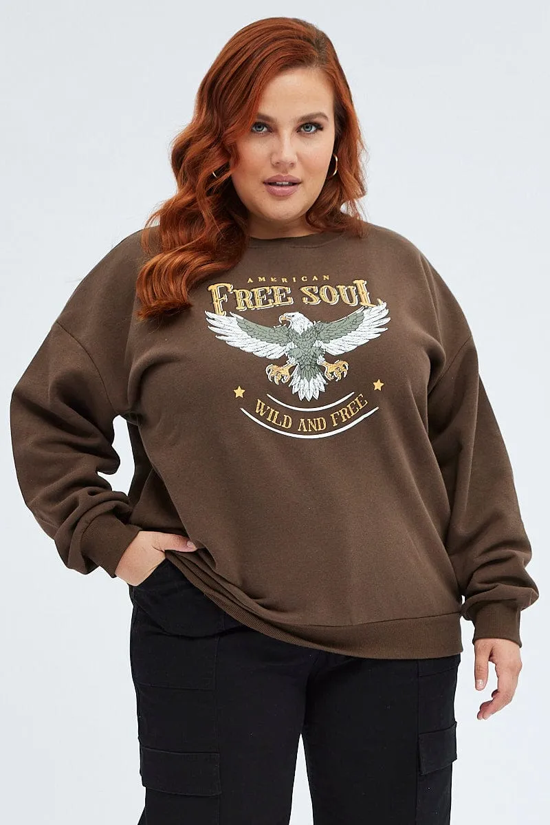 Brown Oversized Sweater Free Soul Graphic Long Sleeve Gym Wear product buckle functionality
