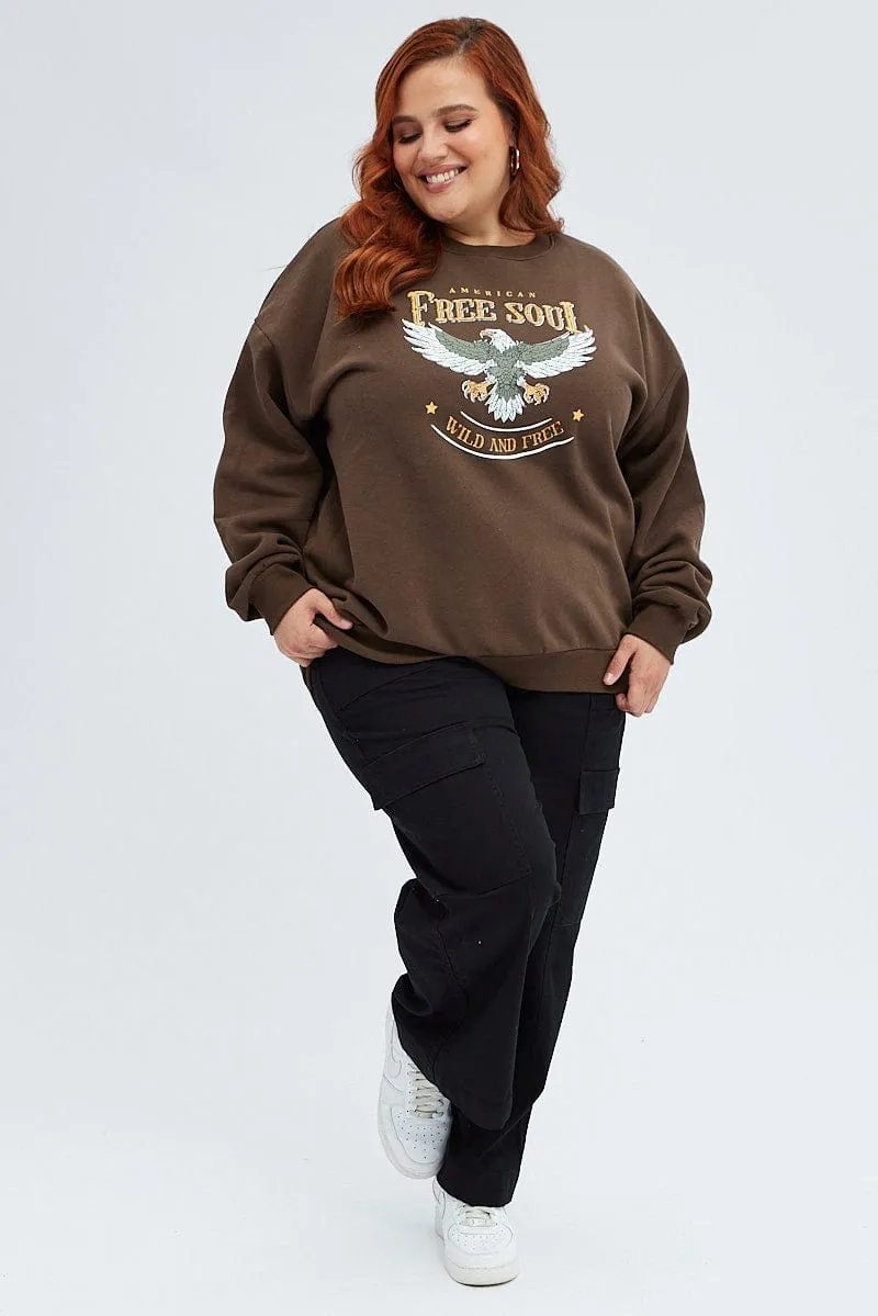 Brown Oversized Sweater Free Soul Graphic Long Sleeve foldable Urban Look