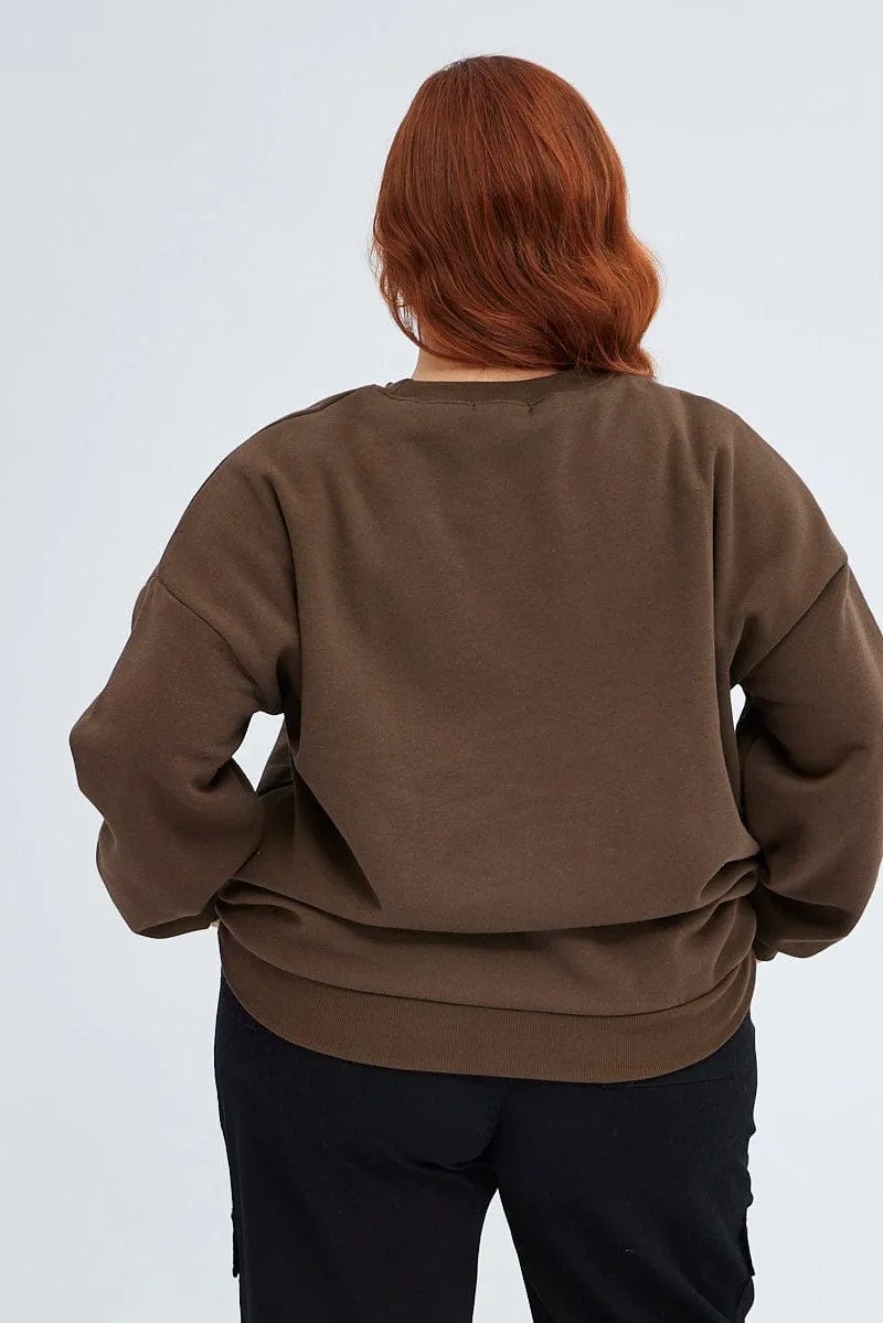 Cotton Blend product affordable accessibility Brown Oversized Sweater Free Soul Graphic Long Sleeve
