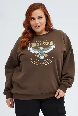 label accents Brown Oversized Sweater Free Soul Graphic Long Sleeve