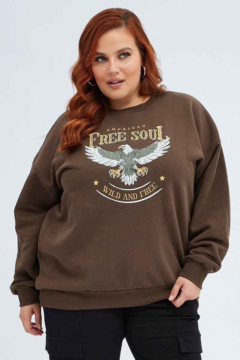 label accents Brown Oversized Sweater Free Soul Graphic Long Sleeve