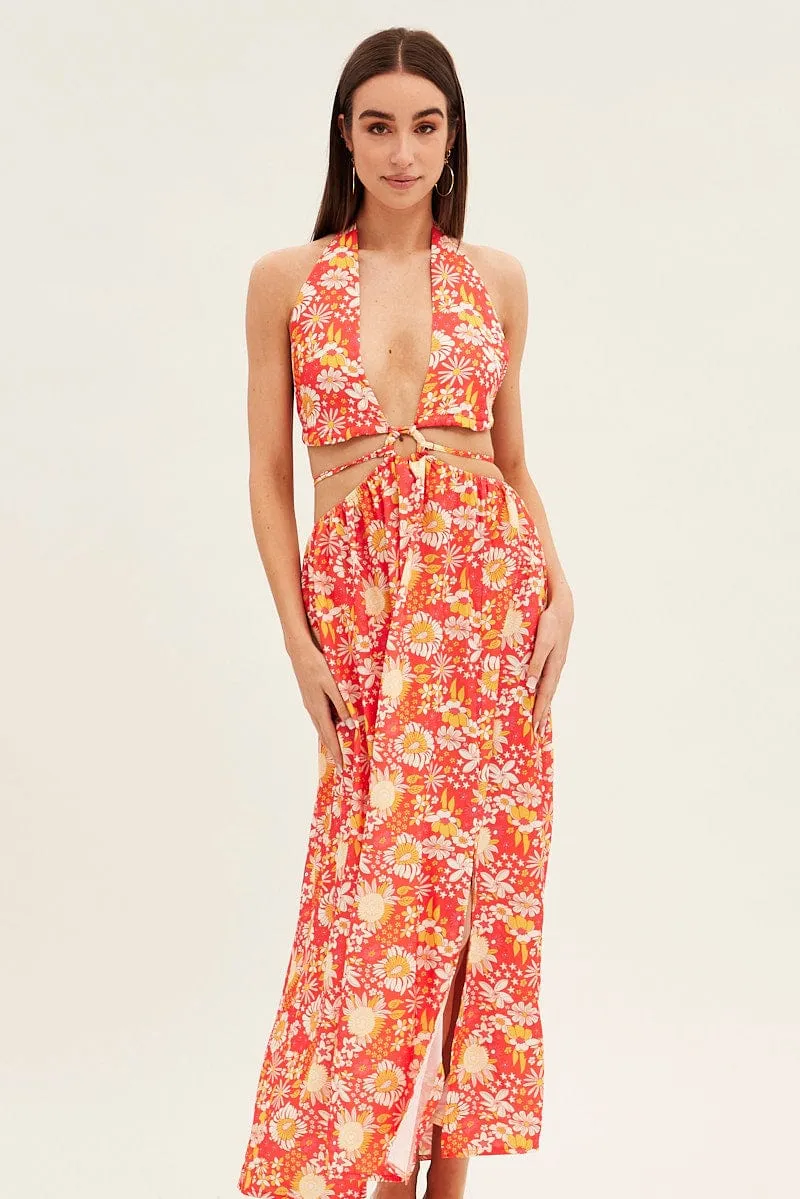 Red Floral Maxi Dress Cutout Front Split Print Art