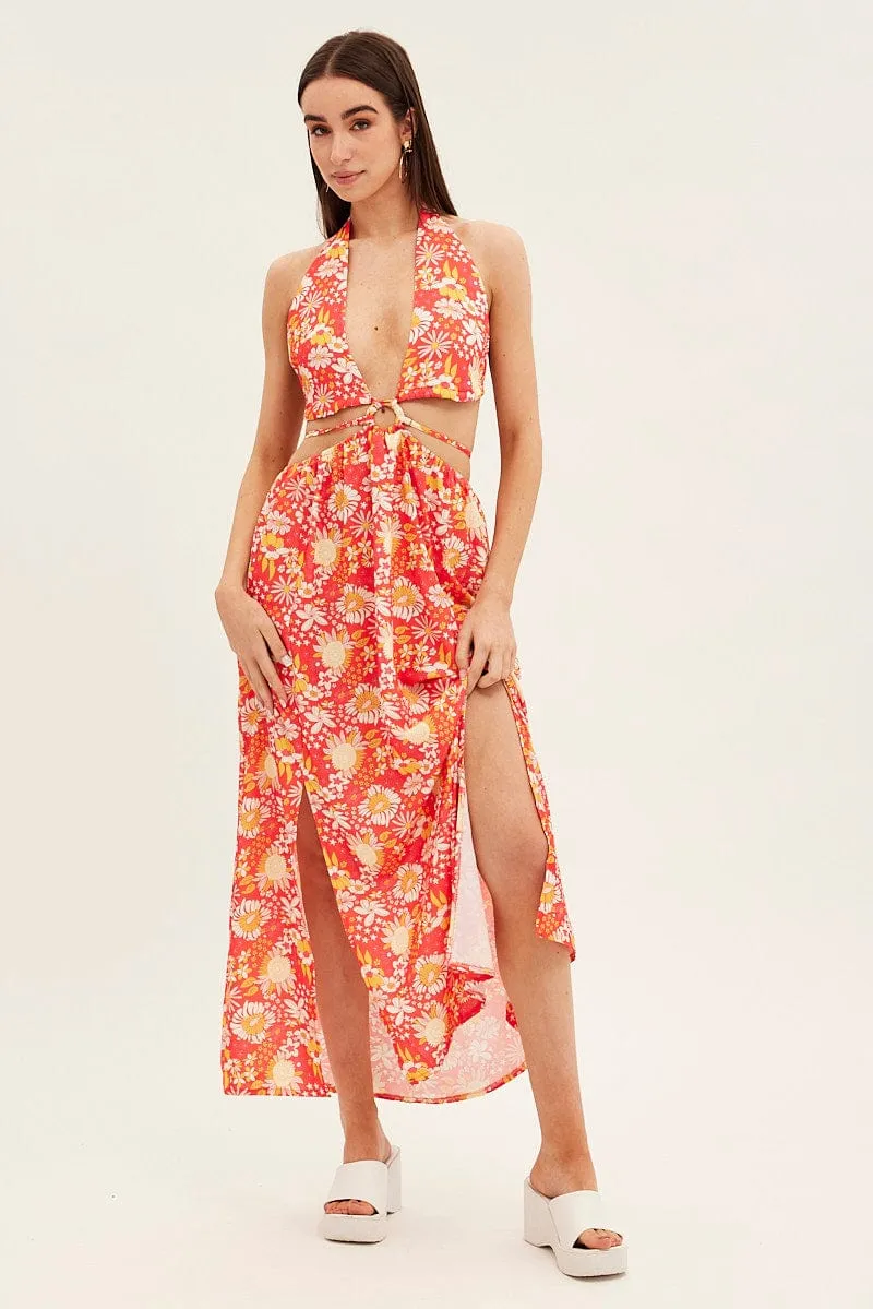 Red Floral Maxi Dress Cutout Front Split Relaxed and stylish dress