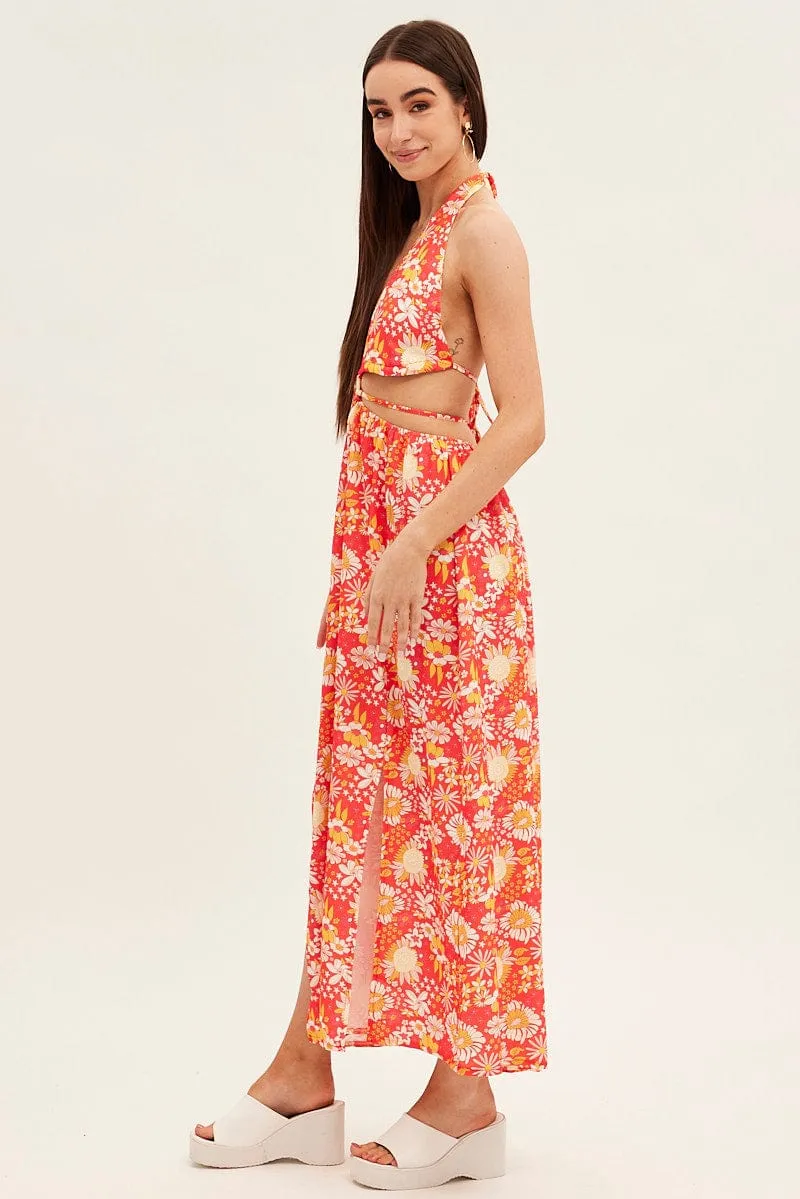Red Floral Maxi Dress Cutout Front Split Gate Arch Calm Air