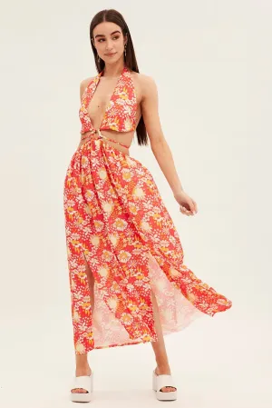 Red Floral Maxi Dress Cutout Front Split Nickel Glow