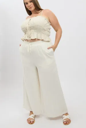White Elastic Waist Wide Leg Linen Viscose Pants Eco Friendly Material
