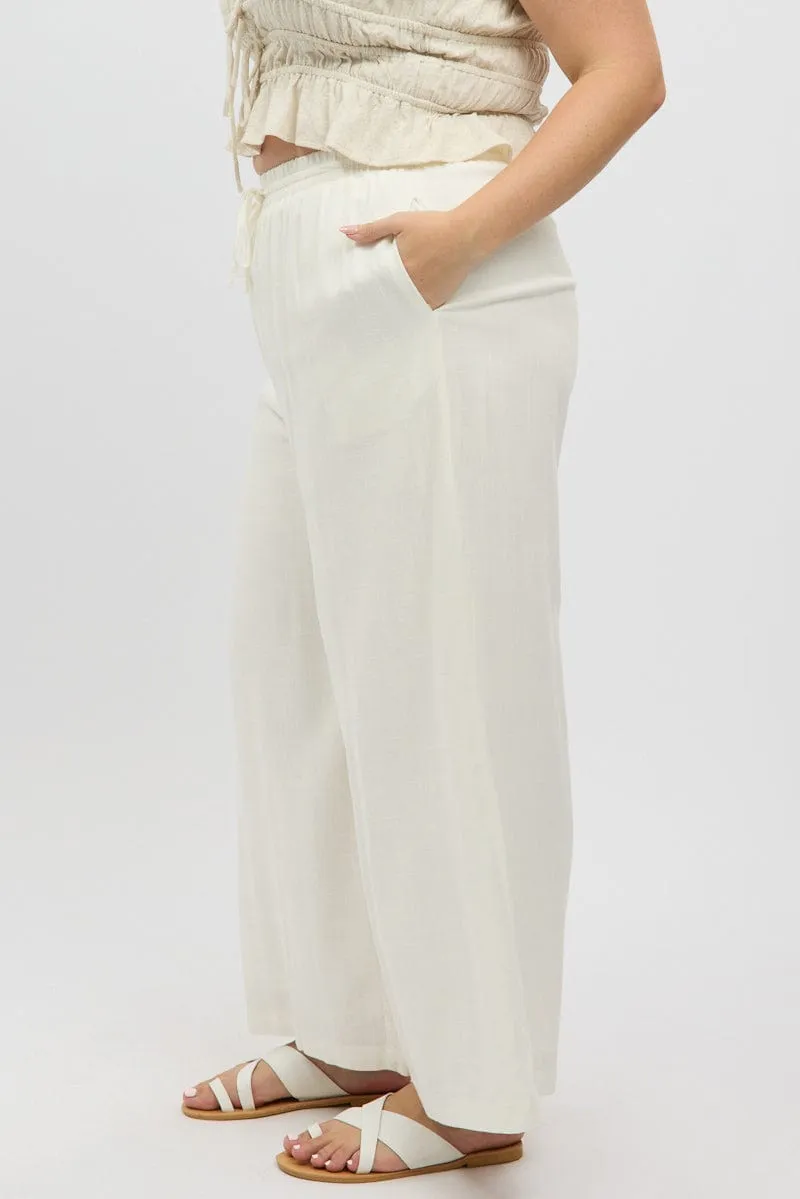 Flat Lock Stitching White Elastic Waist Wide Leg Linen Viscose Pants