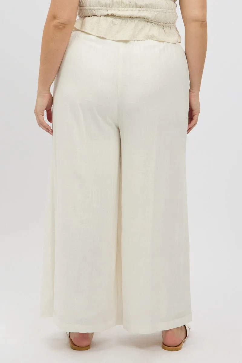 NonSlipGrip Cozy Stretch White Elastic Waist Wide Leg Linen Viscose Pants
