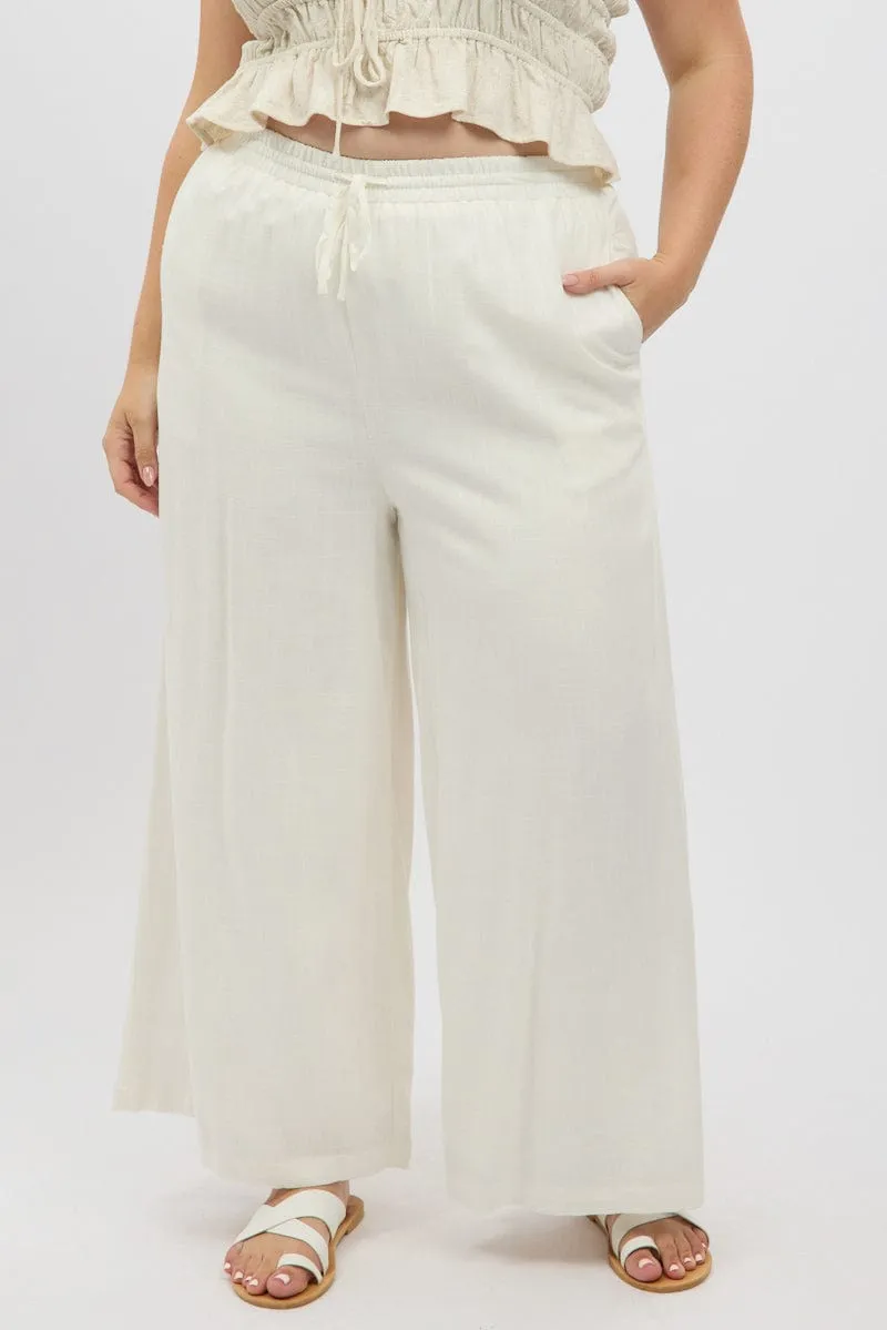 Quality Fabric White Elastic Waist Wide Leg Linen Viscose Pants