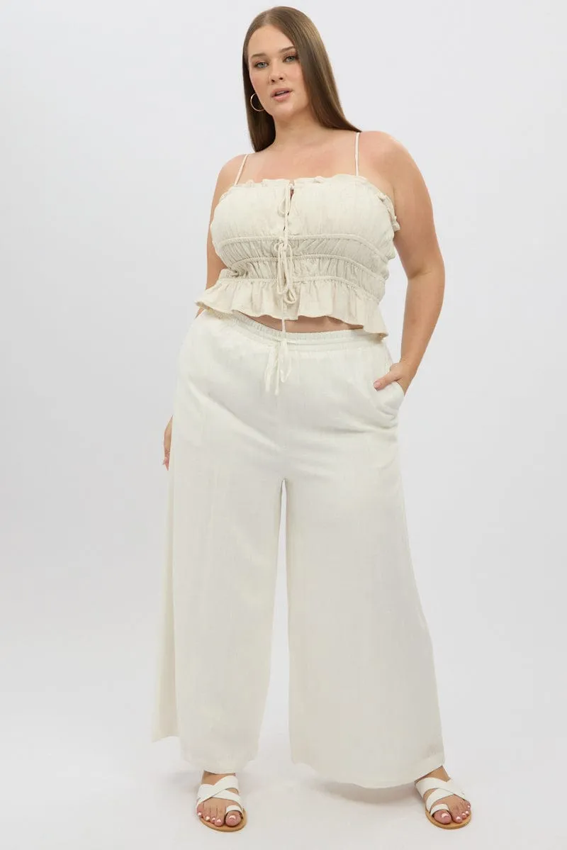 White Elastic Waist Wide Leg Linen Viscose Pants Outdoor Essentials Flexible Comfort