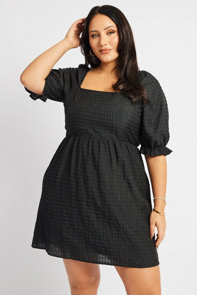 Black Check Babydoll Mini Dress Trendy Appeal Star Edge