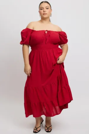 Weather Chic Red Tiered Midi Dress Short Sleeve Ruched Bust